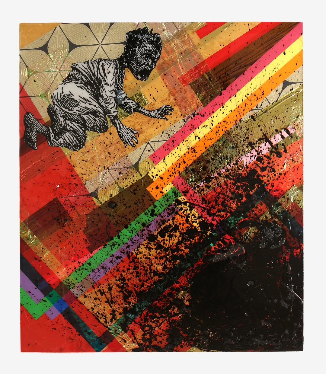 Beach Side 2017 57" x 49" Wallpaper, vinyl, Mylar, shoe polish and resin on board
