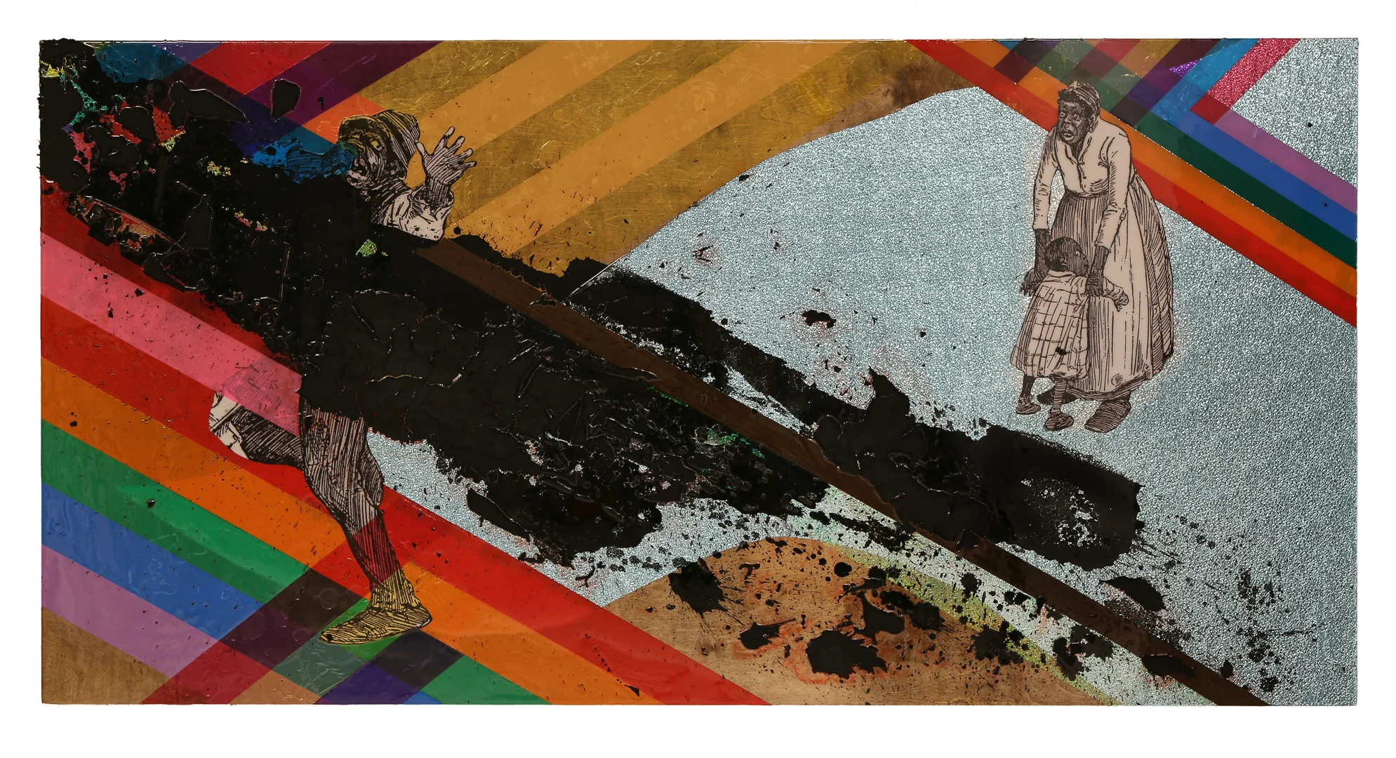 Yesterday's Chicken, Today's Gravy 2016 8" x 96" Paper, Mylar, cellophane, vinyl, shoe polish and resin on board