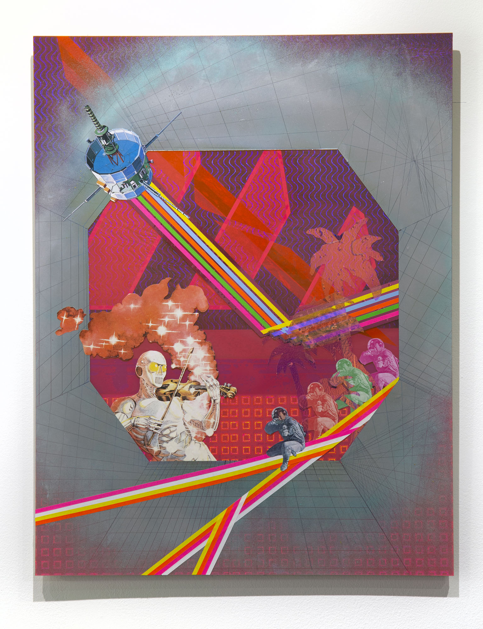    Cowboys and Indians     2018 Vinyl, tape, Mylar, cellophane, spray paint, and paper on plexiglass 31h x 24w in 