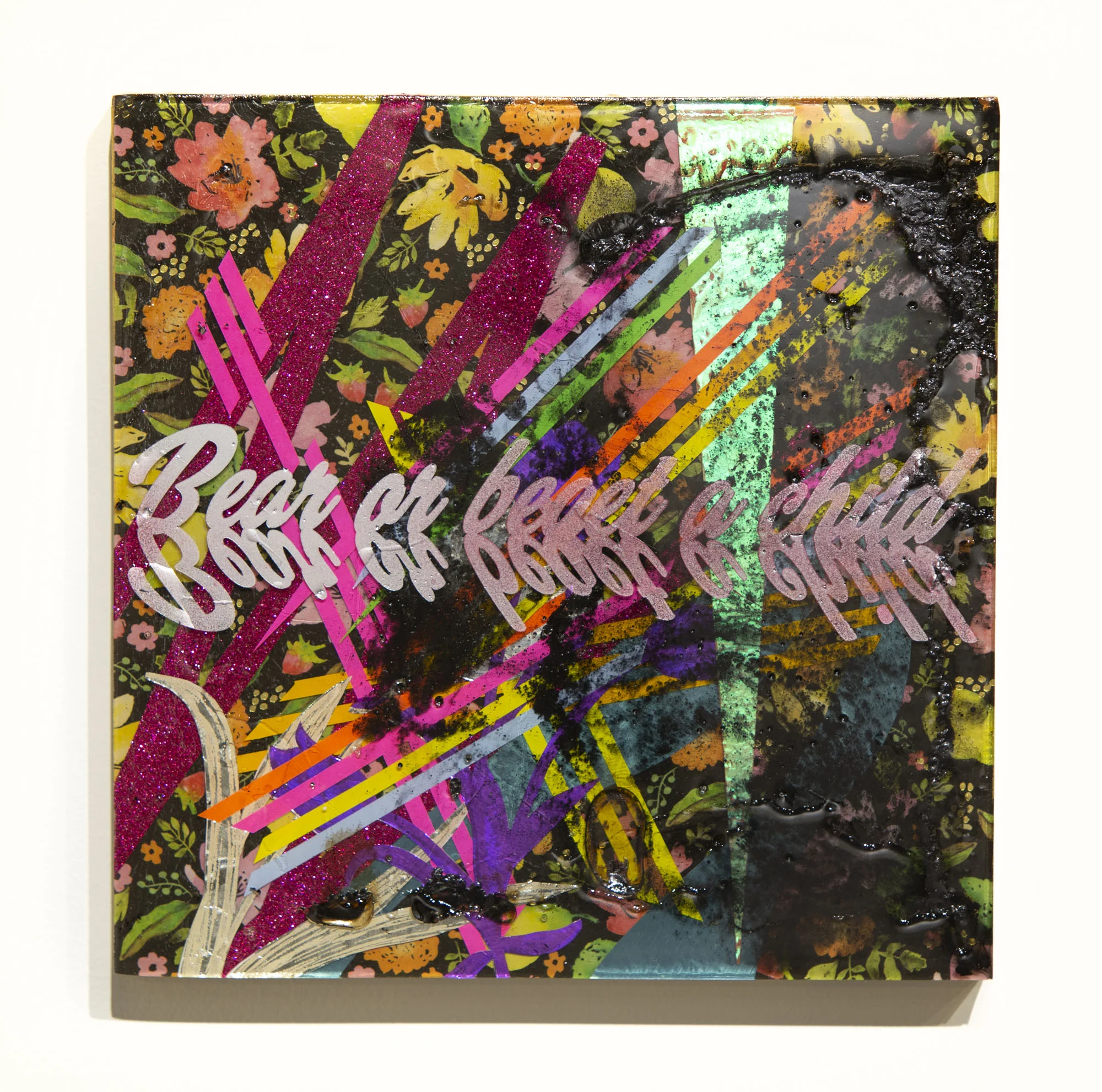 Eisenstadt v. Baird 2018 Paper, tape, enamel paint, graphite powder, walnut ink, and resin on wood 12h x 12w in
