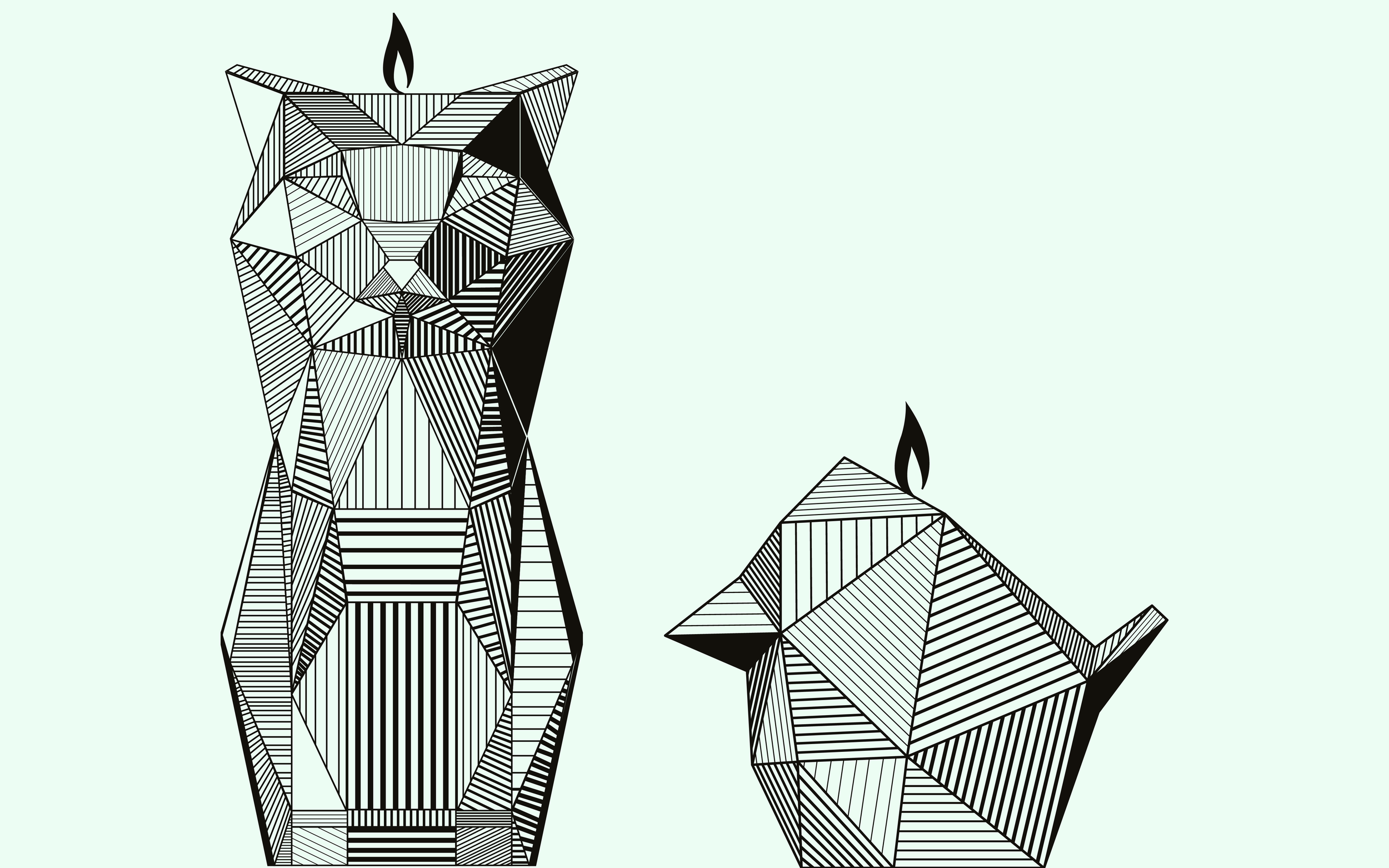 Illustrations of the scary animals made after 3D drawings of the candle itself. 