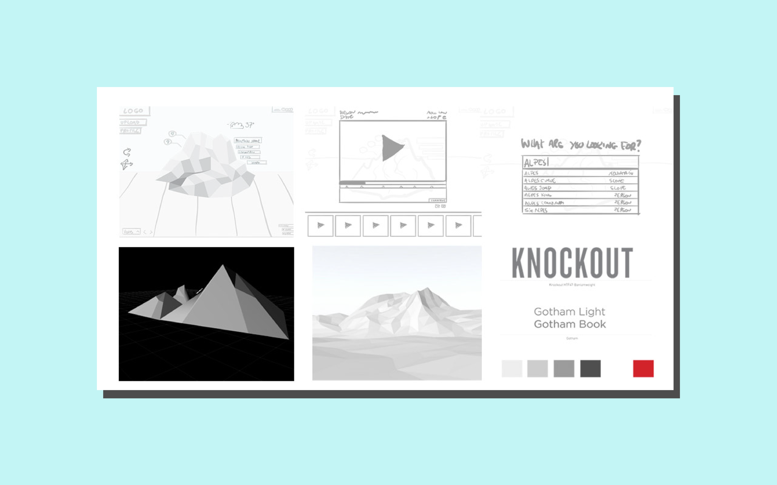 The process: We started the research on the target audience (ski addicts who love to record their performances), and about the brand Audi. We came back with the goal to provide a platform with a pure and clear design combined with the latest web trends, which was completely relevant to a brand like Audi. We decided also to focus our concept on 3D map navigation. Sketching and Design: Below is the platform structure, the sketches and 3D test. For the colors, we decided to stay close to the Audi palette, and inject into this a lot of white, which represents the snow. To keep this 3D pure and fresh, we used "low poly" style to represent the mountains.