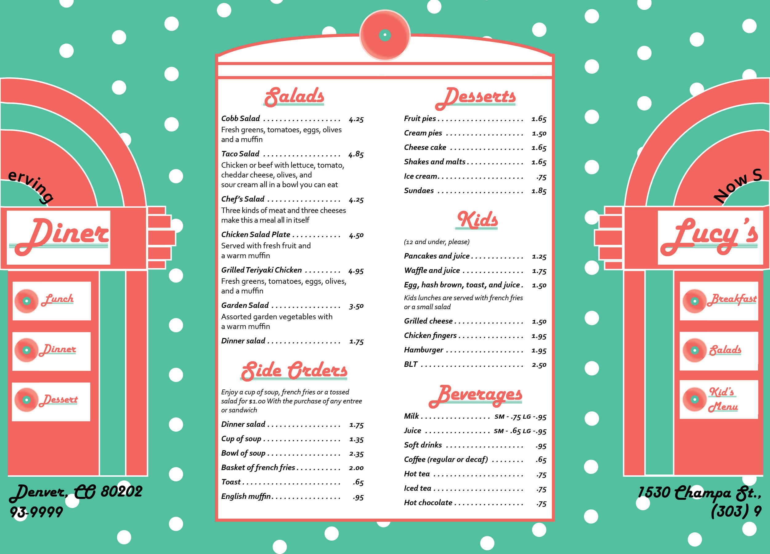 Restaurant menu for a fifties diner