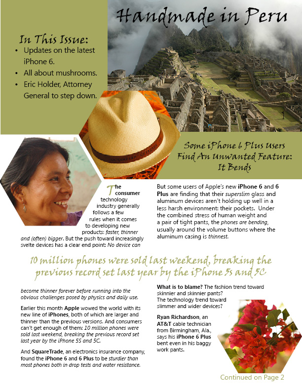 Peru-themed newsletter front