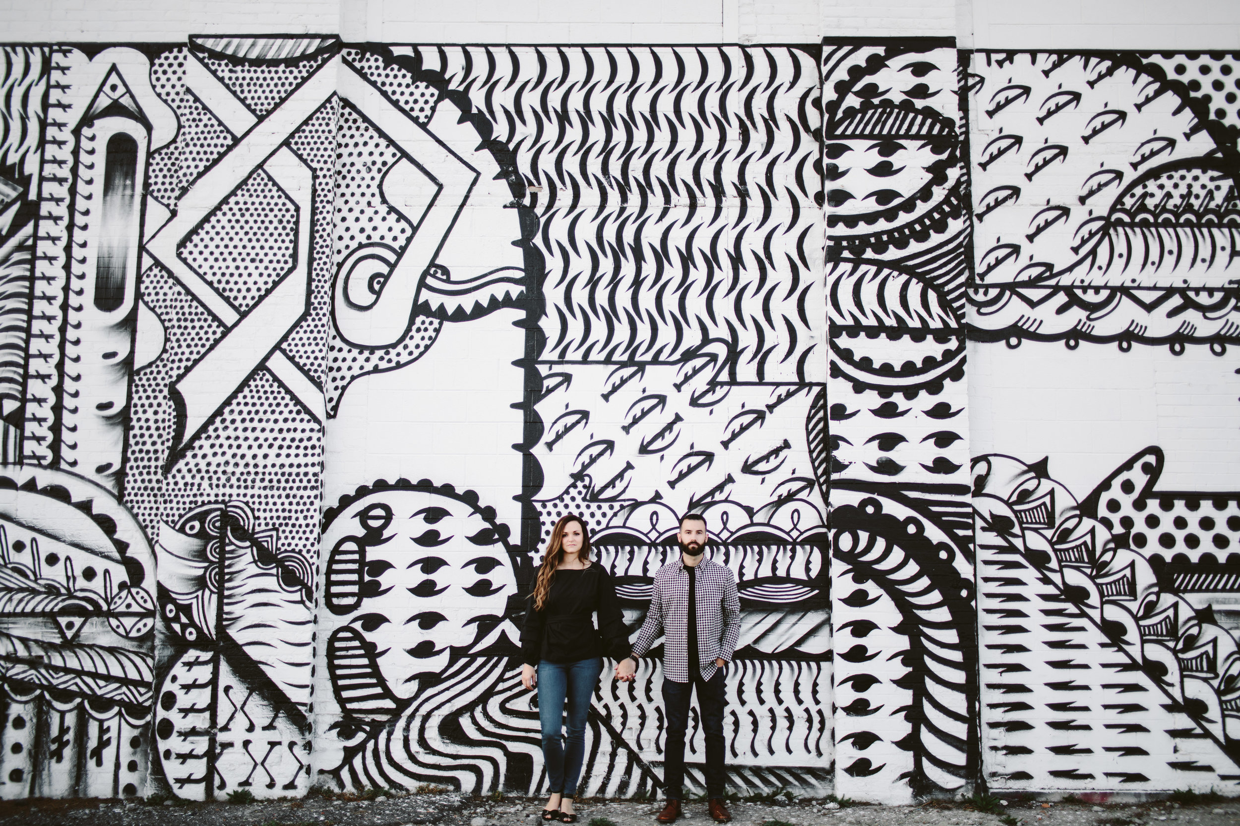 black and white mural in downtown detroit for engagement session