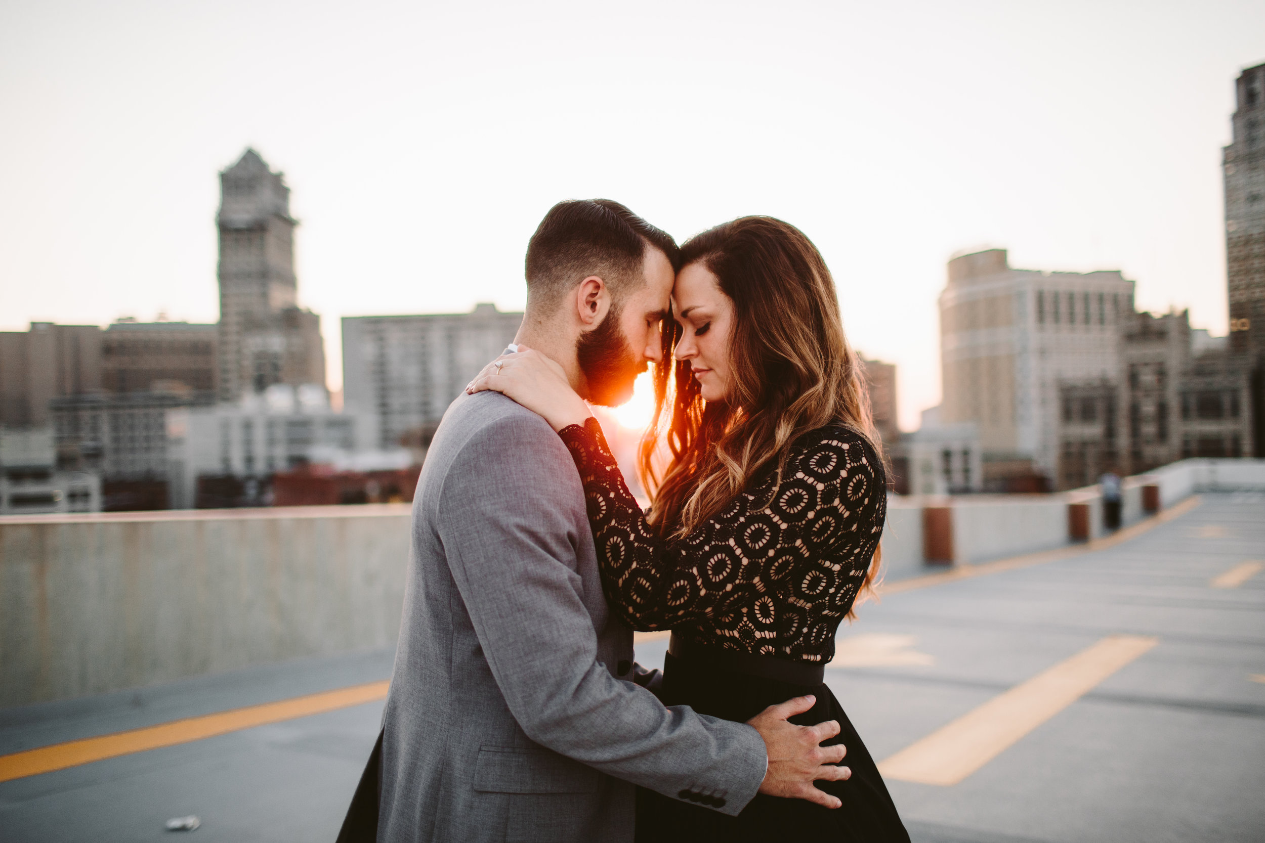 detroit z lot rooftop engagement session at sunset