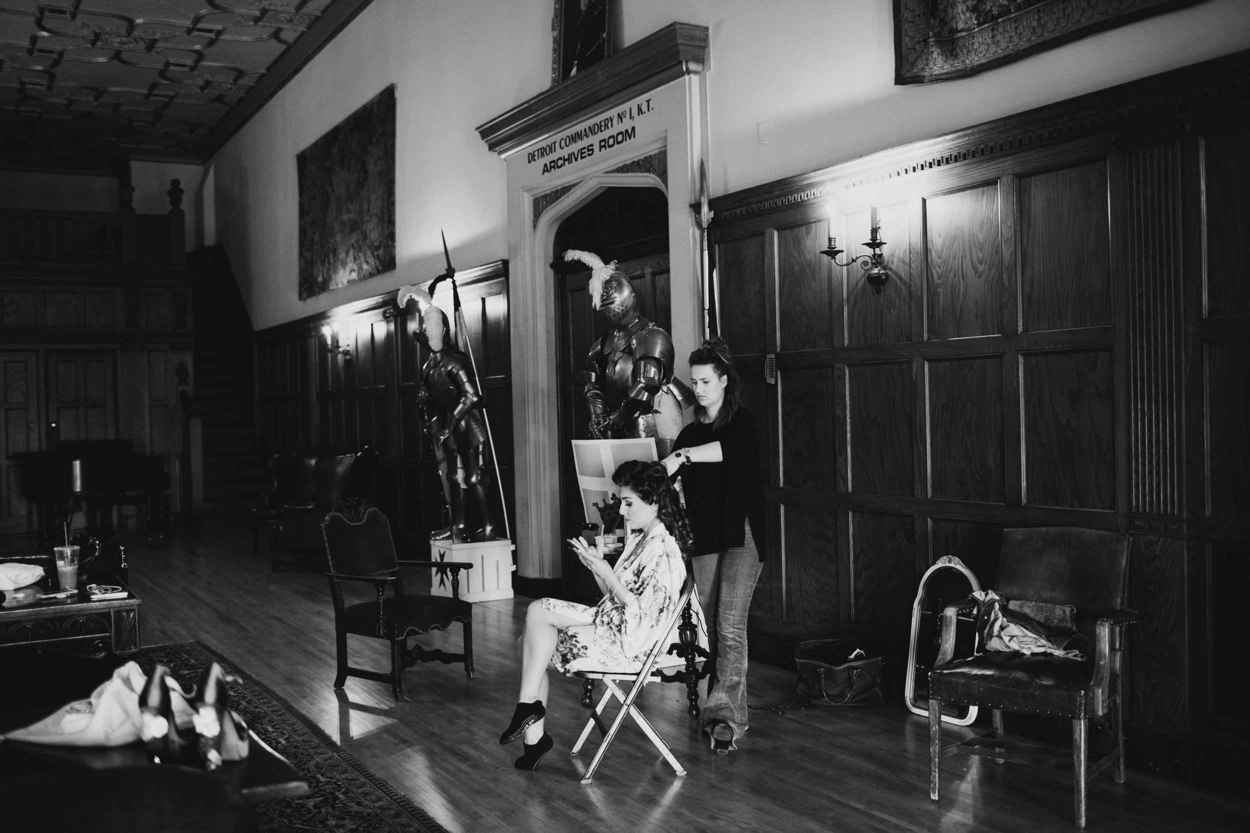 bride getting ready in historical detroit's masonic temple