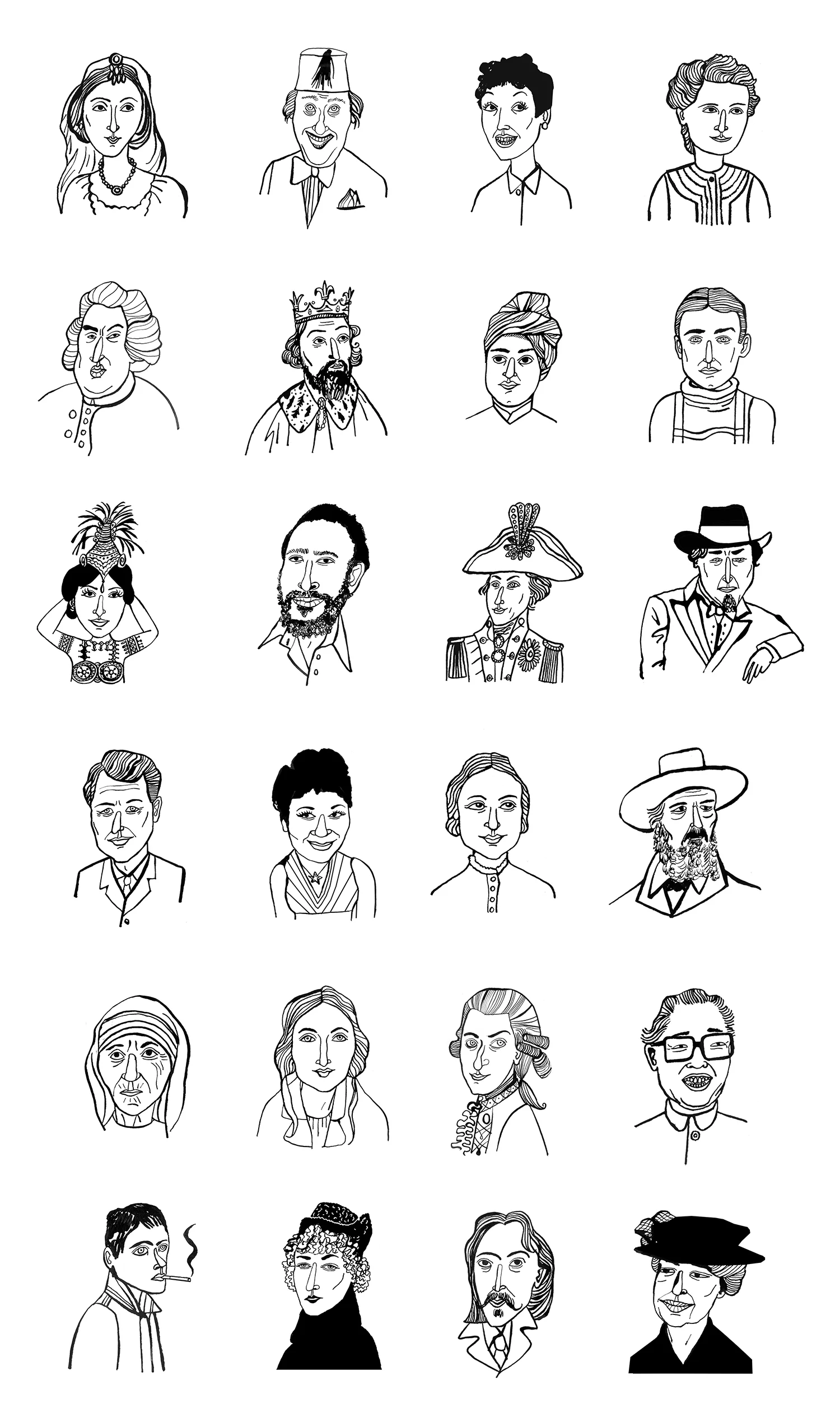 Lady Hester Stanhope, Tommy Cooper, Youze Grenfell, Marie Curie, Samuel Johnson, Alfred the Great, Swami Vivekananda, Ernest Shackleton, Mata Hari, Marvin Gaye, Napoleon, Benjamin Disraeli, Robert Kennedy, Ella Fitzgerald, Octavia Hill, Alfred Lord Tennyson, Mother Theresa, Elisabeth Gaskell, Mozart, Zhao Ziyang, Ian Curtis, Sarah Bernhardt, Robert Louis Stevenson, Eleanor Roosevelt.