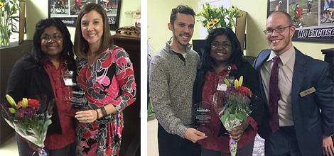 Left photo: Stephanie Gore (left), VR Transition Counselor, and Kelly Sieling, Berkeley-Dorchester Area Supervisor. Right photo (left to right): Jason Torres, AccessAbility; Stephanie Gore, VR Transition Counselor; Nathan Todd, AccessAbility.