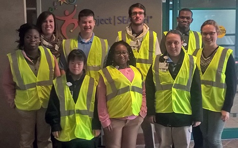 back row (left to right): Caroline Stafford; Spartanburg School District 6 Job Coach; Project SEARCH interns Jason West, Tyler Williams, Kwamell. Front row: Interns Evans Benaja Means, Ruriko Nakashima, Alazette Davis, Kimmie Lawless; Hilary Wells, VR Job Coach.