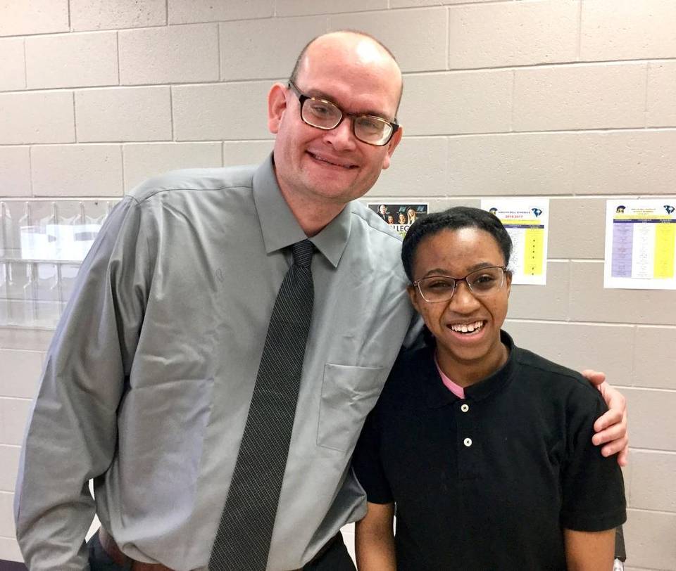 Ambriance Lamar, right, a senior at Whale Branch Early College High School, poses for a photo with Jason Hurdich, a counselor and interpreter for the deaf and hard of hearing, at the school onFeb. 2, 2017. Hurdich, who is deaf, became a sensation around the country last October for his enthusiastic and emotional signing for former Gov. Nikki Haley during press conferences for Hurricane Matthew. Hurdich said he wanted to visit Lamar, who is speech-impaired, after seeing the media coverage she got after former president Barack Obama, last month, responded to a letter she had written advocating for the deaf and speech-impaired communities.