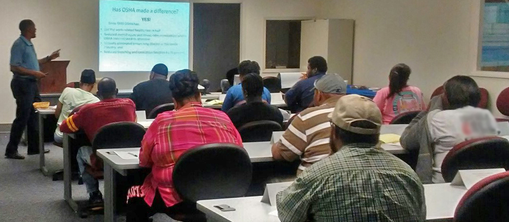 Cliff Thomas, standing, Program Manager of Industrial Technology at Central Carolina Technical College, leads the OSHA 10 class at the Sumter Office.