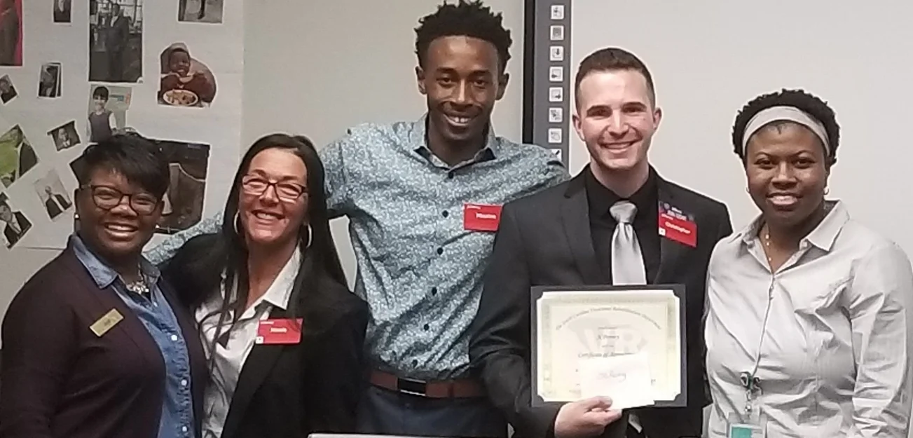 (left to right) Opal Clark, Nicole Mandine, Christopher Coker, and Maurice Gibson from the JC Penny at Sandhills lead the Dress to Impress workshop. Modoria Smith, VR Job Preparedness Instrutor, coordinated the workshops for the week.