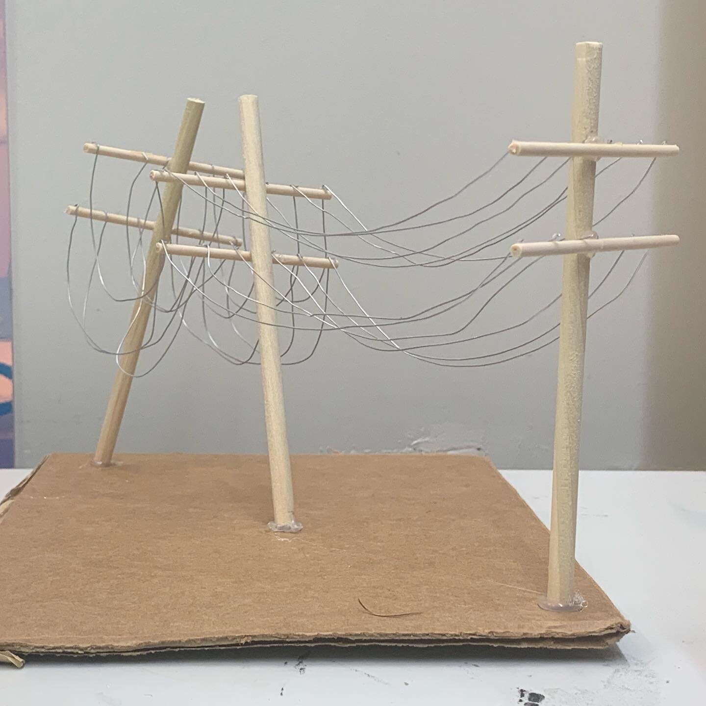 A little studio sketch from this week. I&rsquo;m working through some ideas to combine my ongoing interest in power infrastructure with past visual elements like lines that drape or stretch taut. 
#sculptureprocess #powerlines #maquette #wip