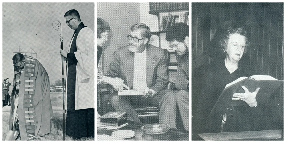 From Left: Bishop Chilton Powell and our first priest Rev. Richard Daniels breaking ground on our church in 1964; center: Ruth Gibbs and The Revs. Daniels and Holly meeting in the 1980s; Right: Founding member Eleanor Smith reading during one of our services.