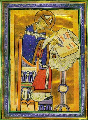 An illuminated illustration of St. Dunstan from medieval times.