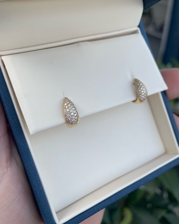 The dreamiest available made-to-order.  They&rsquo;re new stock and they&rsquo;re here to stay! Yellow gold, domed, tapered, dripping in diamonds and love hugging to the max.  Again, if I wasn&rsquo;t hideously camera shy I would show you on a lobe. 