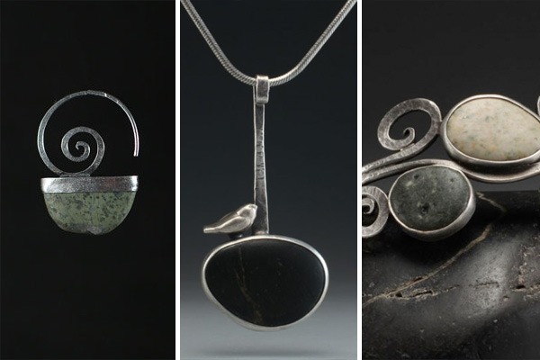 Rebecca Bashara's designs reverberate with the peace, freedom, and spontaneity of a walk on the beach, a hike along a river trail, a climb up a mountain peak, or a meditation in the deepest of woods. Her jewelry contains stones from the Puget Sound (many collected on Whidbey Island) and the Columbia River Gorge, where Rebecca lives and works in rural Klickatat, Washington. The fact that her creativity springs from her everyday life is apparent if you visit her. Her house is her studio: smooth shimmering stones lie drying in her bathtub and sink; her kitchen table is a rotating mosaic of shapes, colors, and textures; stones and metal gather in heaps and mounds, stirring for Rebecca to cut and work them into artistic pieces of adornment.