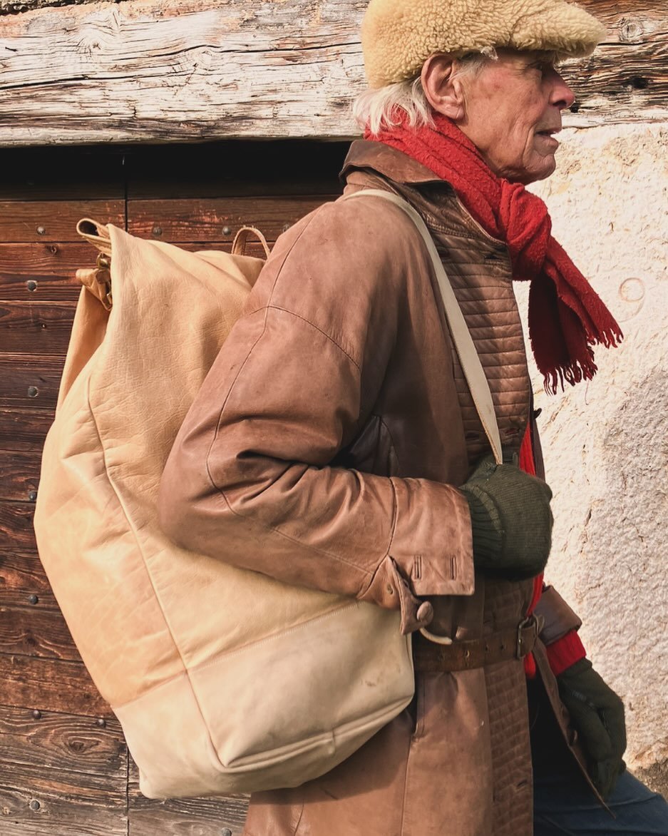 Never too late to be look stylish. My dad going to get  groceries in his mountain village in France  with our Rol Top Duffle Backpack . He is turning 90 years old in a few weeks ! 🔥