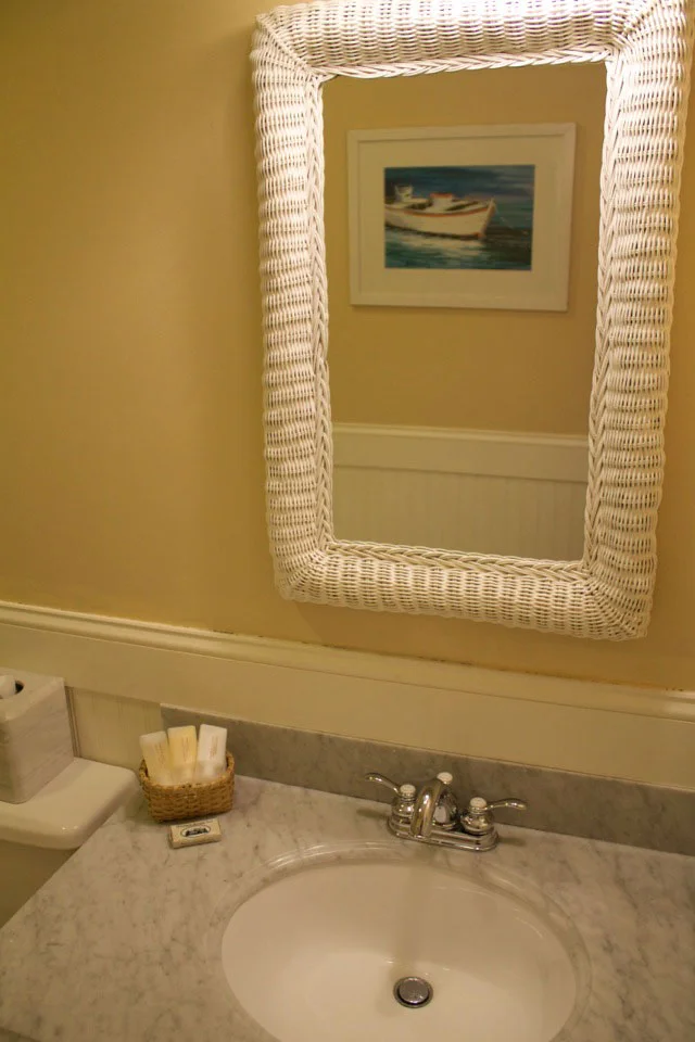 Marble topped vanity with gilchrist & Soames amenities in the private bath of Room 12 just across the hall at this Burlington B&B.
