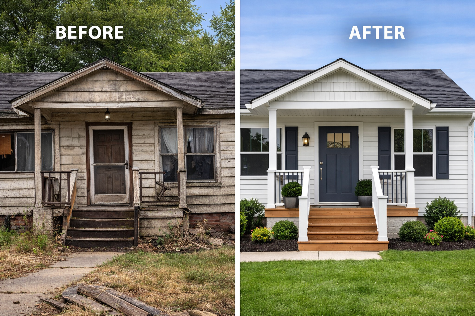 Before and after house flip renovation showing property transformation