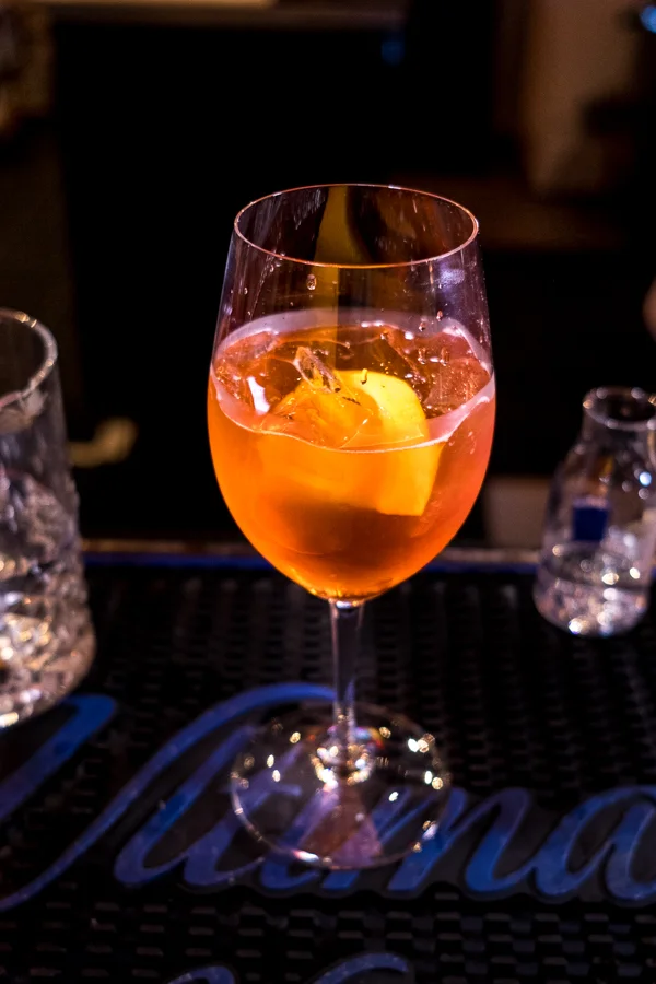 Aperol Spritz is made with Aperol and Ruffino Prosecco and seltzer water.