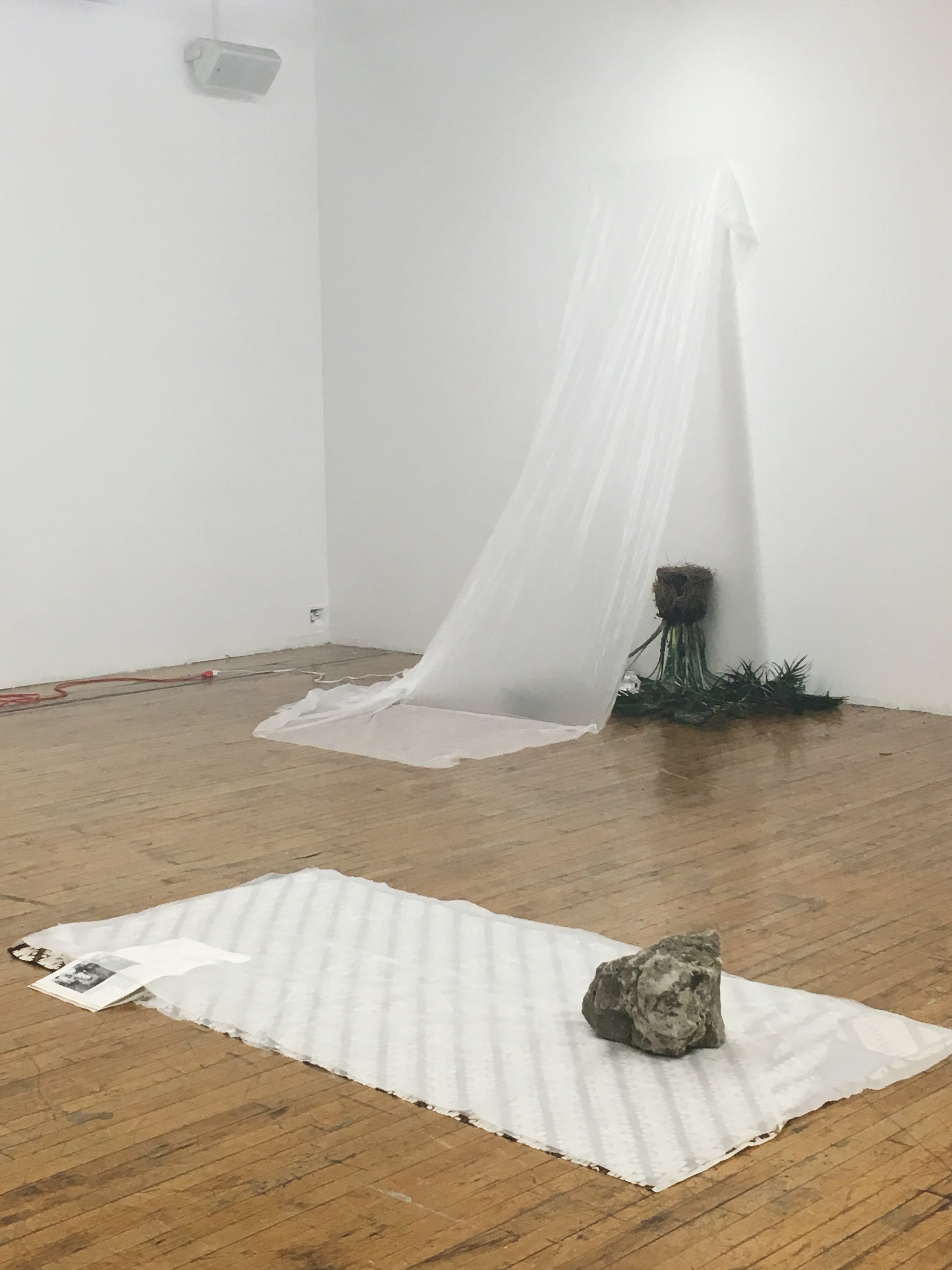 Object Lesson: Fig. 1 , 2017 (Top) A concrete remnant, a plastic drop cloth, white ass book about Austronesian Textiles and a commodified Batik cloth ___ Object Lesson: Fig. 2 , 2017 (Bottom) Plastic drop cloth green tent-shelter, domesticated removed from pot Areca catechu— southeast palm plant, white spray paint, florescent 300 watts light