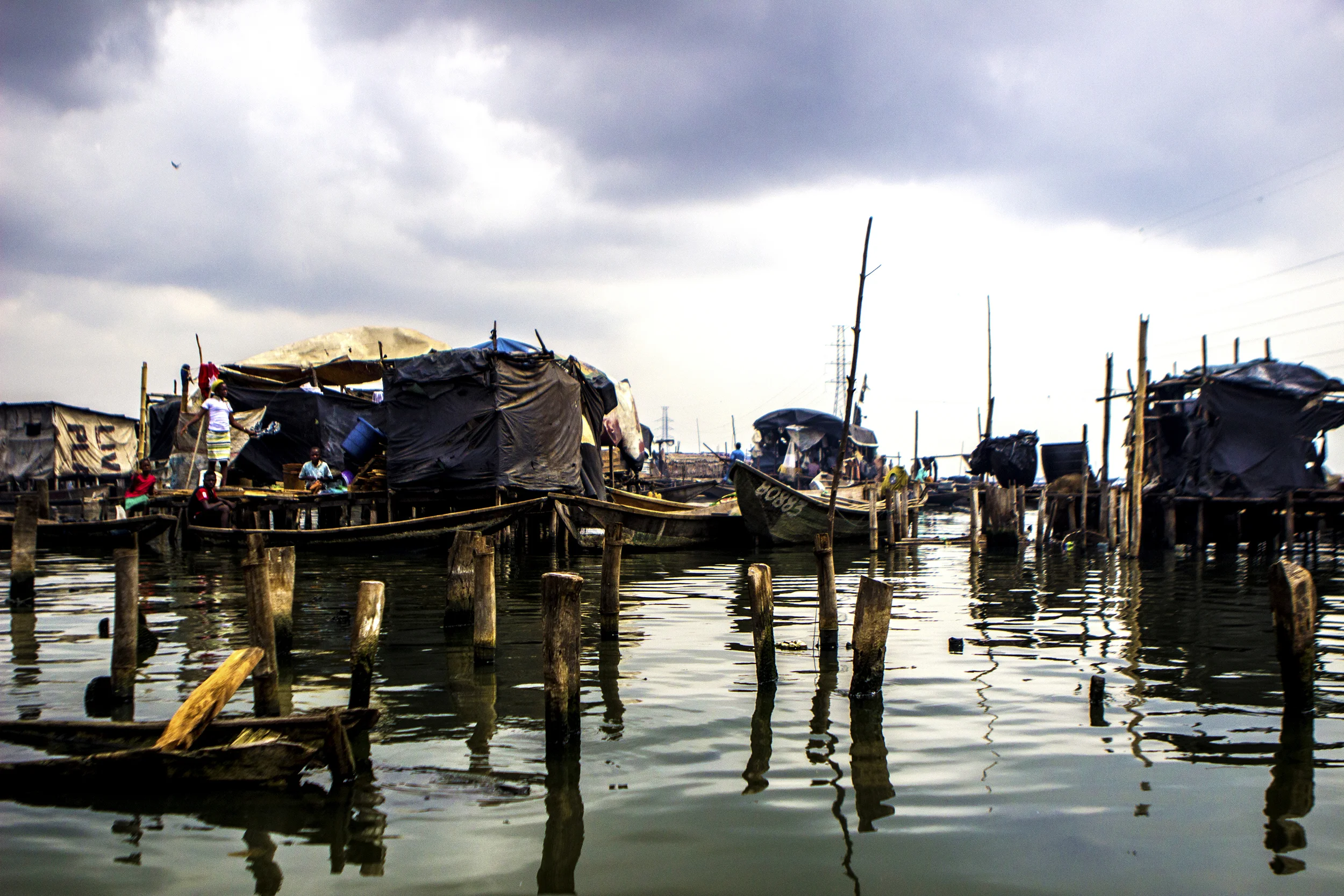 Lagos, Nigeria. Feb. 26, 2015. Many houses in the floating village of Makoko are surrounded by water. Locals use canoes to get around.