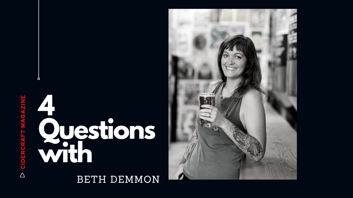 Black rectangle with red title Cidercraft Magazine, white text 4 Questions with Beth Demmon with black and white headshot of Beth