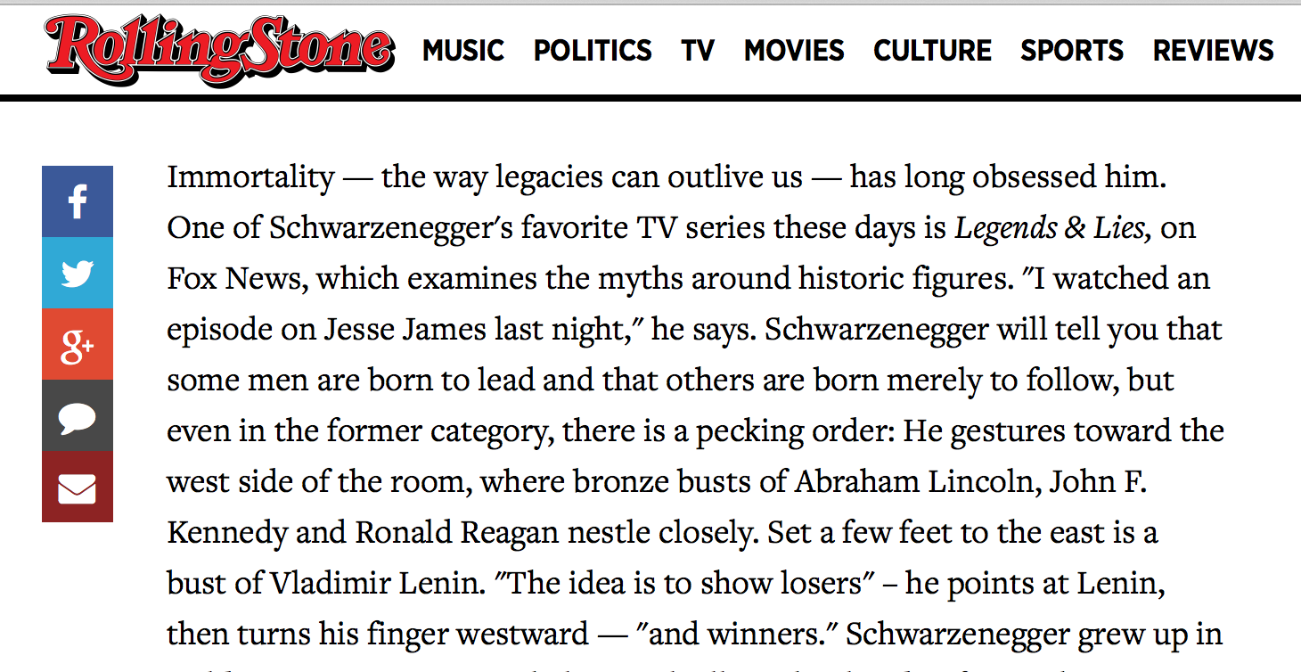 "The Governator" is apparently a fan of "Legends & Lies"
