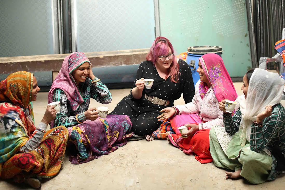 Marissa sips on chai with the women who made the scarves for Rachel Zoe's Box of Style