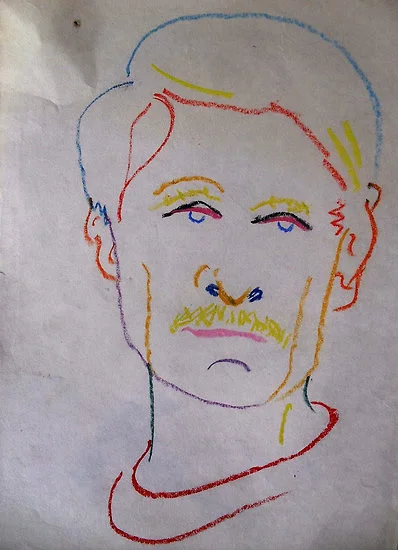 Oil pastel self-portrait by mixed media artist Richard Tuvey (Note the economy of line and varying color choices)