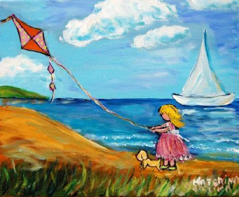 Whimsical Naive Seaside Painting