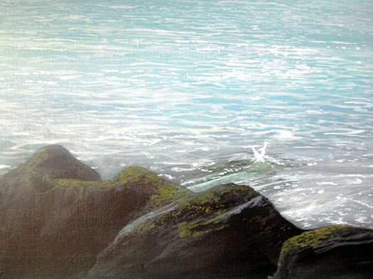 Close-up of Alan's painting, showing the detail in the rocks and water