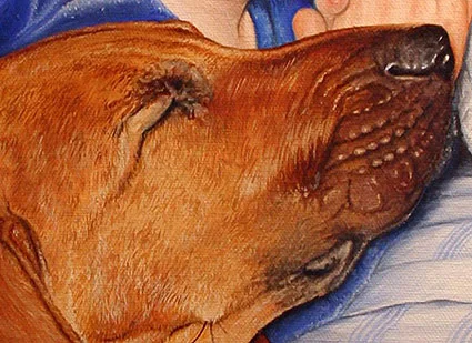 Close-up of Mike Ivey's oil painting portrait, Bedtime Prayers, showing the detail in the dog's fur.