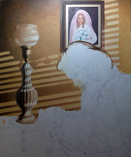 Mike combines the two photos to create his composition, which is lightly sketched onto the canvas. He starts by painting in the background.