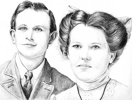11" x 14" pencil drawing of Mike's grandparents on their wedding day.