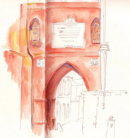 彩色素描Chiesa di San Vittore在波伦佐,意大利。被起诉的,