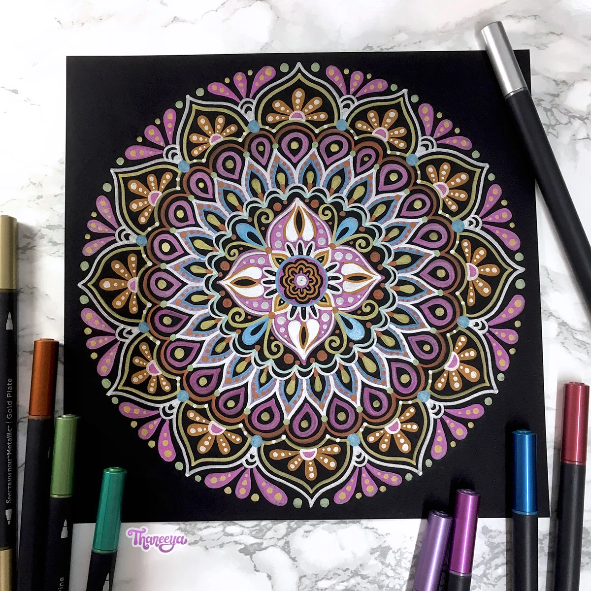 Spectrum Noir Metallic Markers Review - Mandala on Black Paper by Thaneeya McArdle