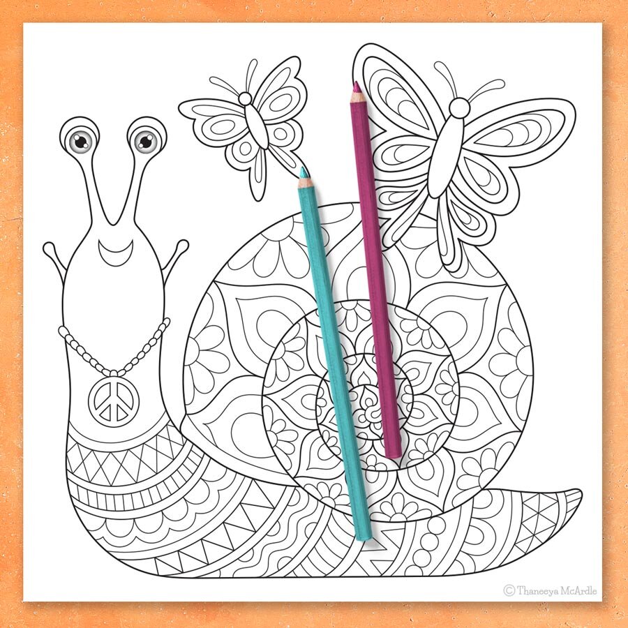 Happy hippie snail coloring page by Thaneeya McArdle