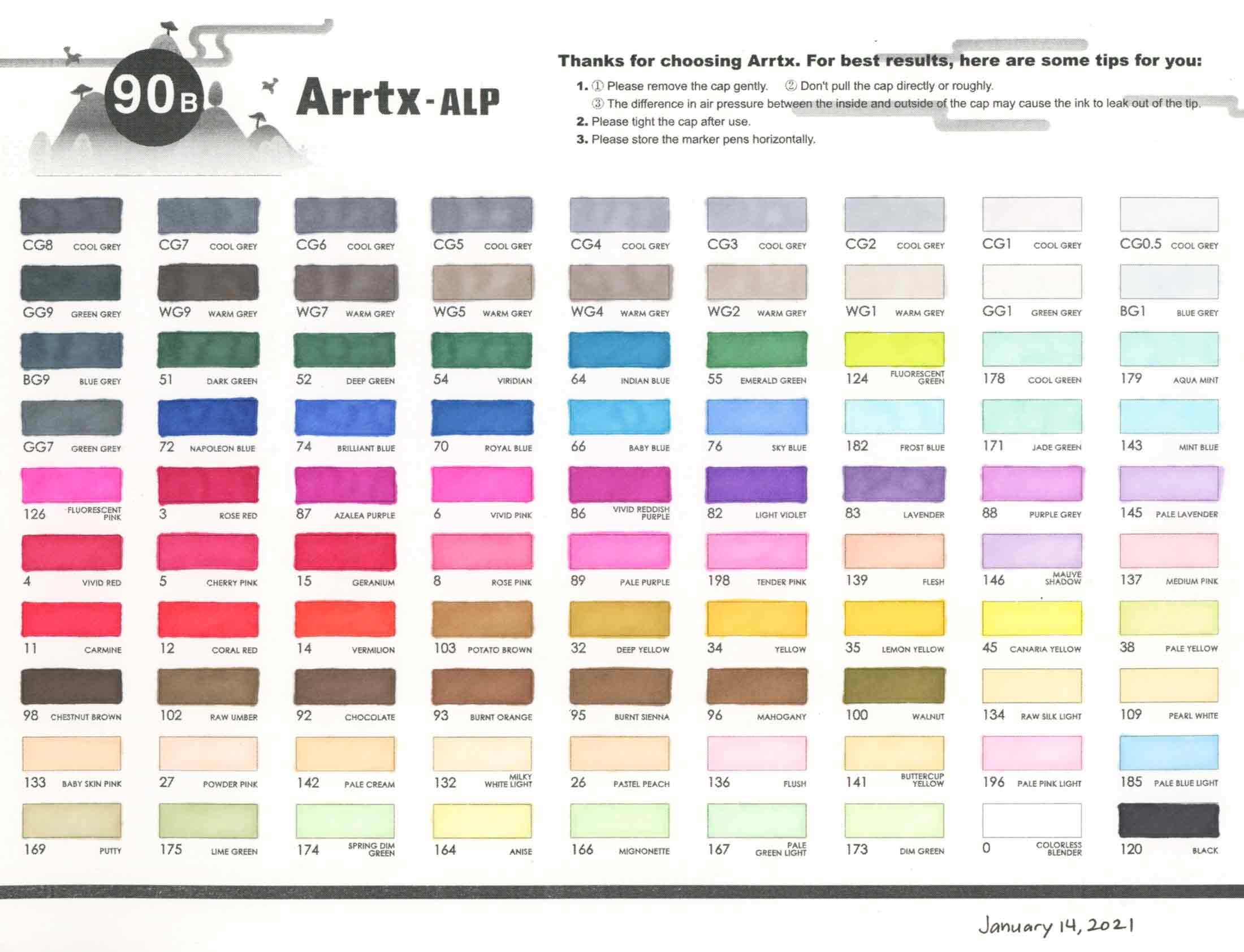 上面:artx Alp酒精标记的填充颜色表-一套90种颜色
