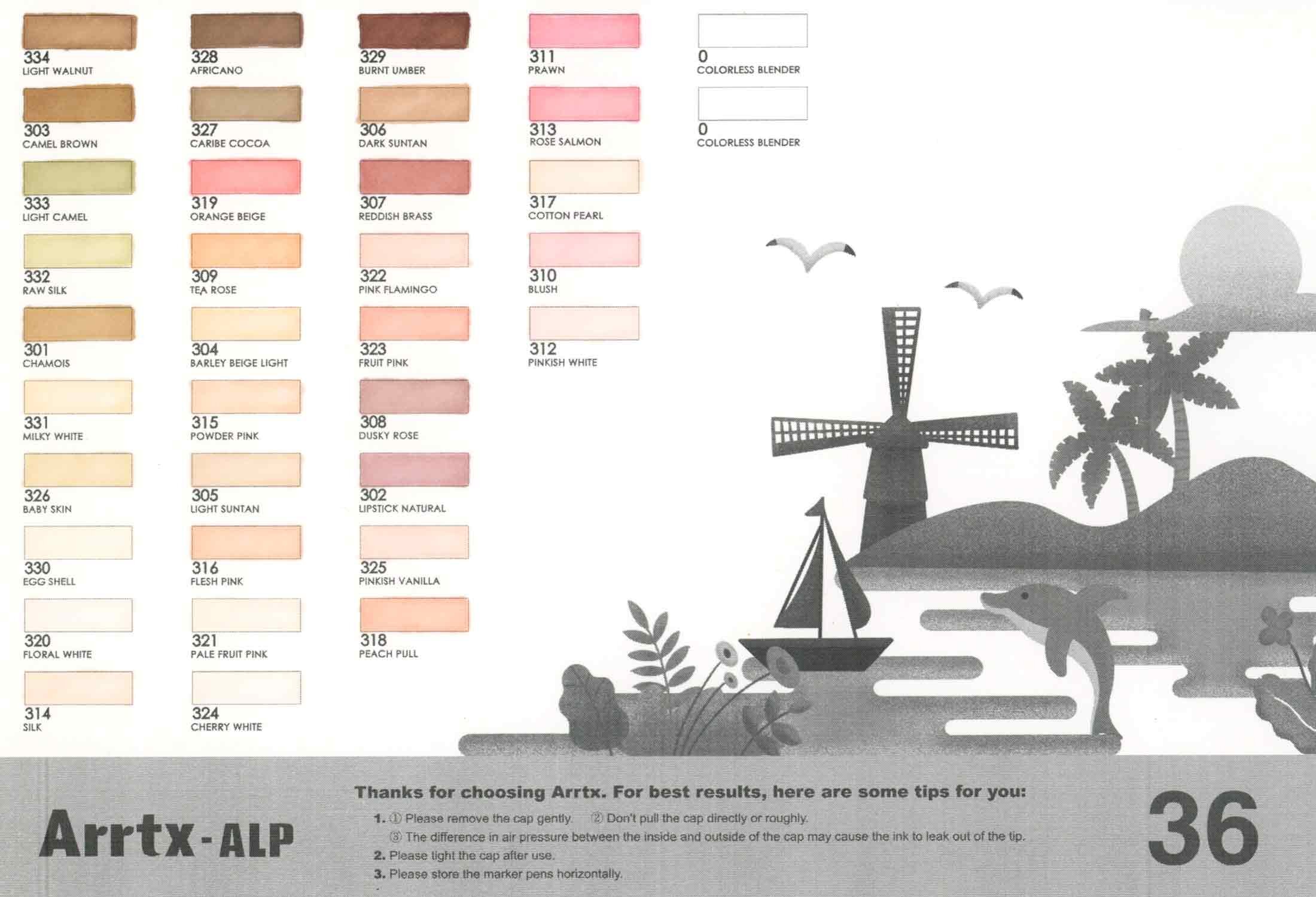 上面:artx Alp酒精标记的填充颜色表-一组36种肤色颜色