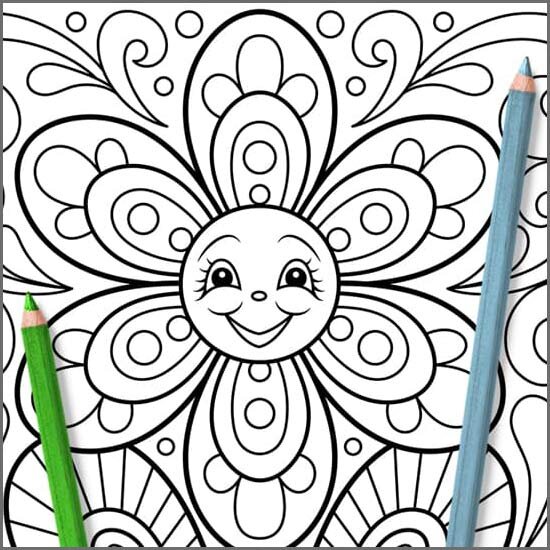 Happy Flowers Coloring Pages - Cute Kawaii Flowers for Easy Large Print