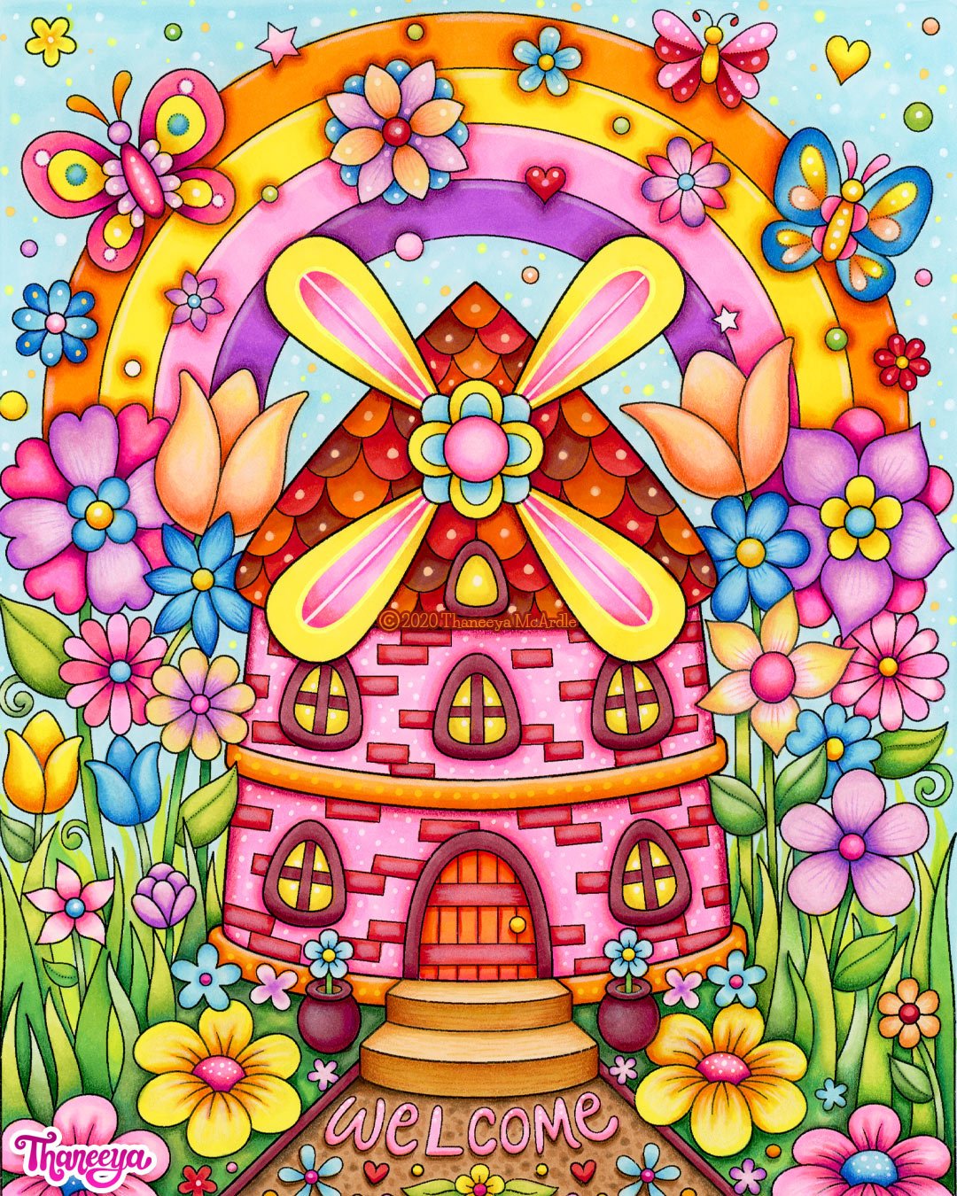 Whimsical windmill coloring page by Thaneeya McArdle