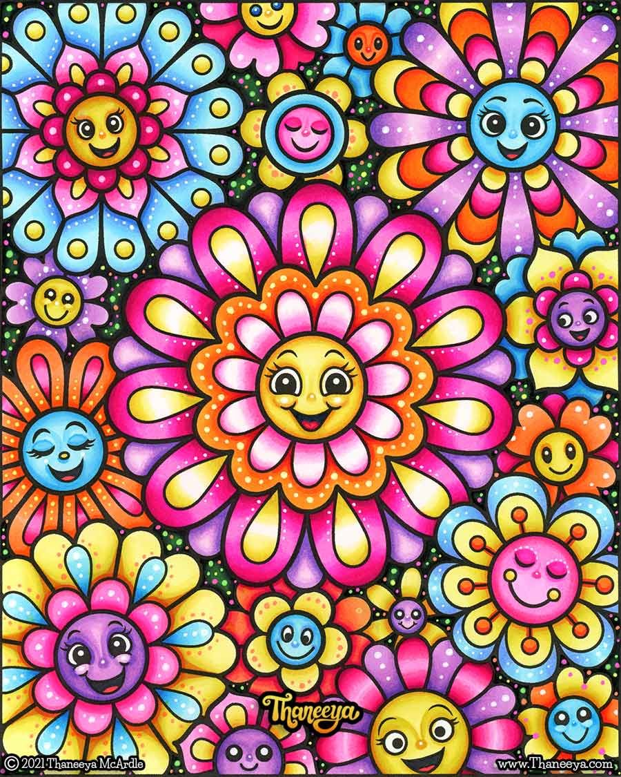 Kawaii Happy Flowers Coloring Pages by Thaneeya McArdle