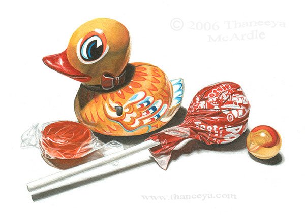 Photorealistic acrylic painting of toys and candy, by Thaneeya McArdle