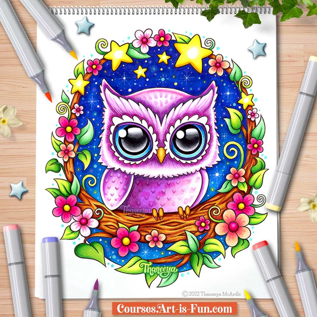 Cute owl alcohol marker coloring lesson from the Ultimate Guide to Using Alcohol Markers