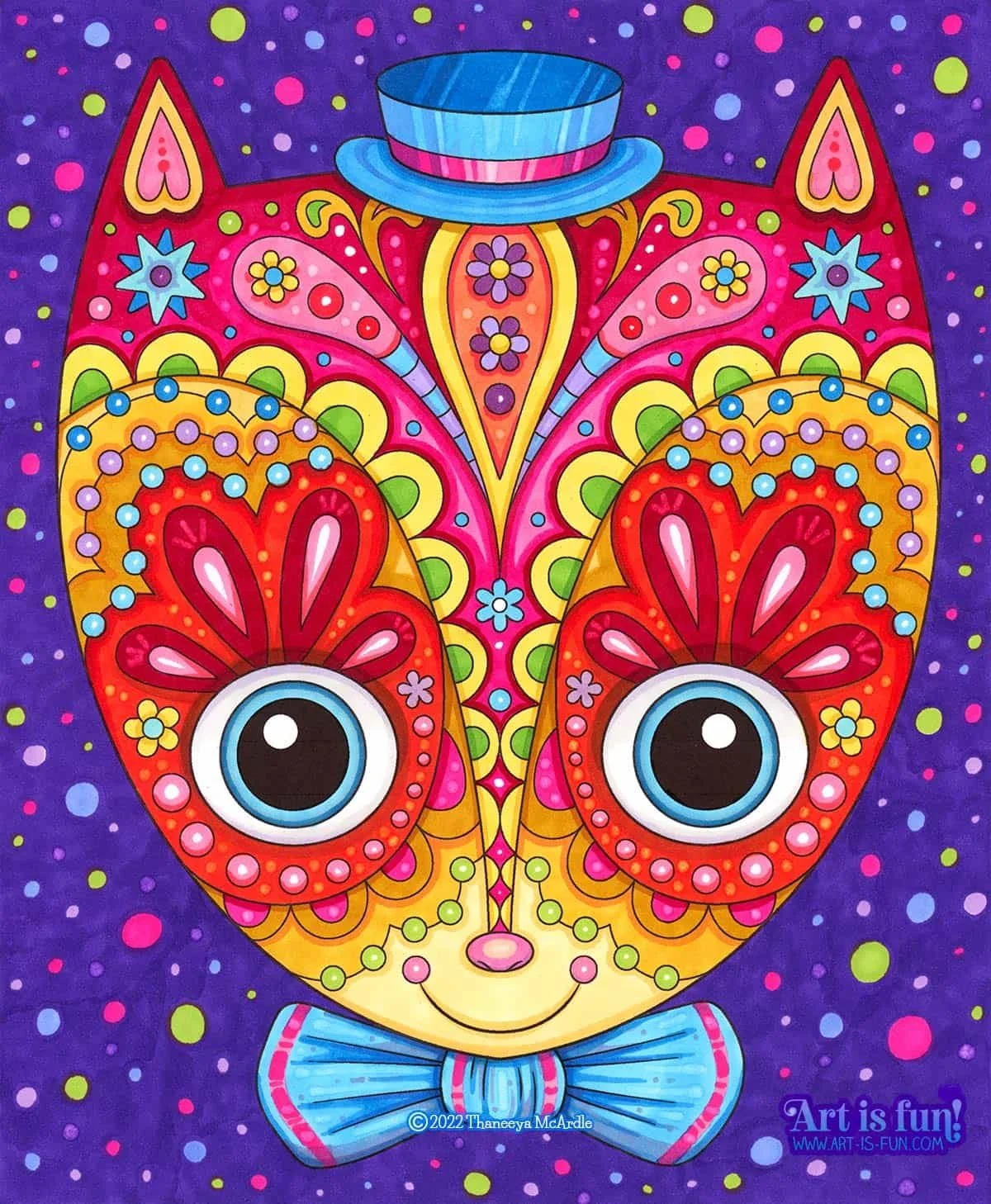 Whimsical coloring page from Thaneeya McArdle's set of 27 printable Happy Hodgepodge Coloring Pages, colored in with Ohuhu Kaala Markers