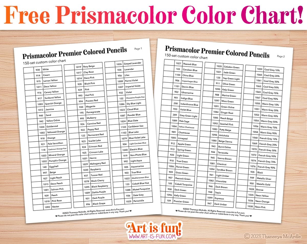 Prismacolor Colored Pencils Blank Color Chart for Set of 150