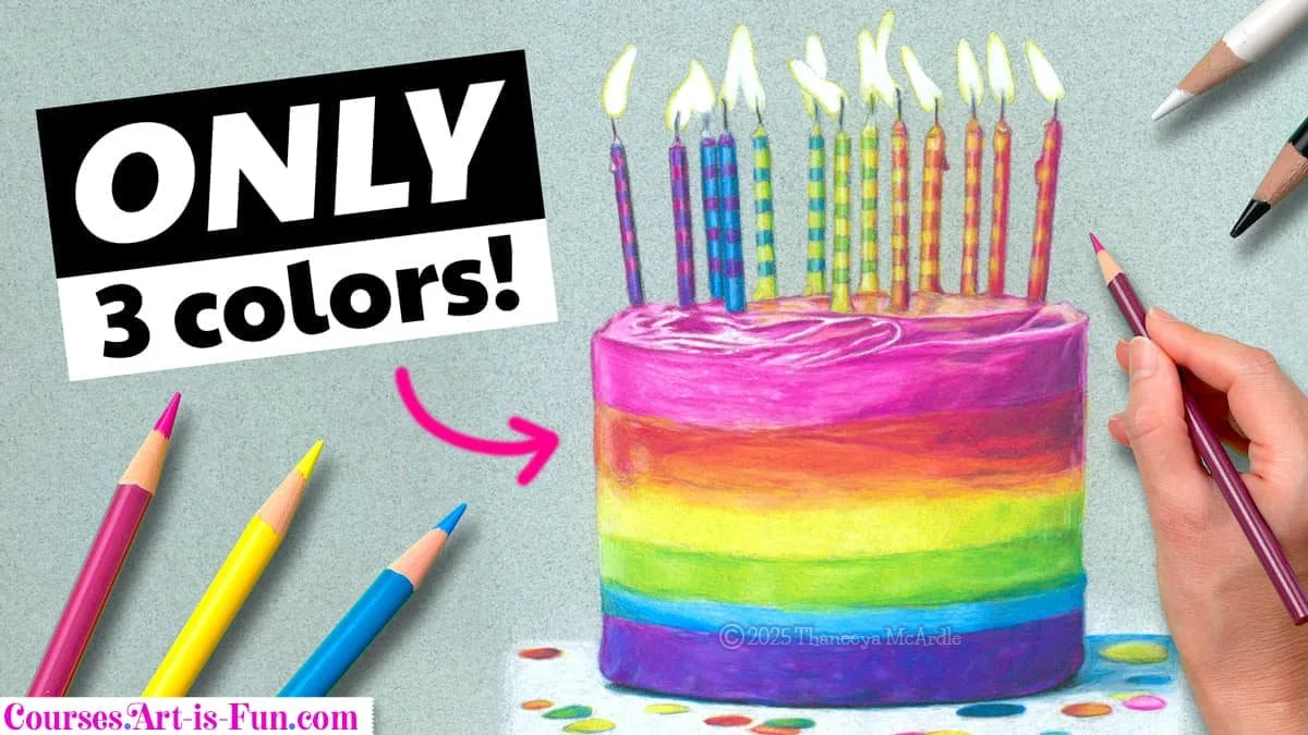 Photorealistic colored pencil drawing of a rainbow cake by Thaneeya McArdle, using only 5 Prismacolor colored pencils